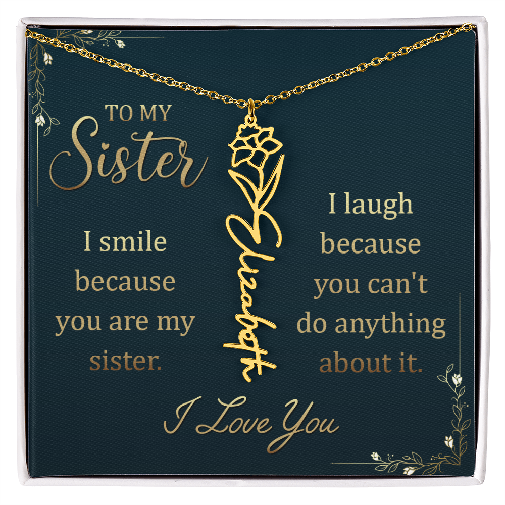 Flower Name Necklace for Sister – Custom Birth Flower Jewelry Gift with Funny Quote Card, Personalized Jewelry for Her