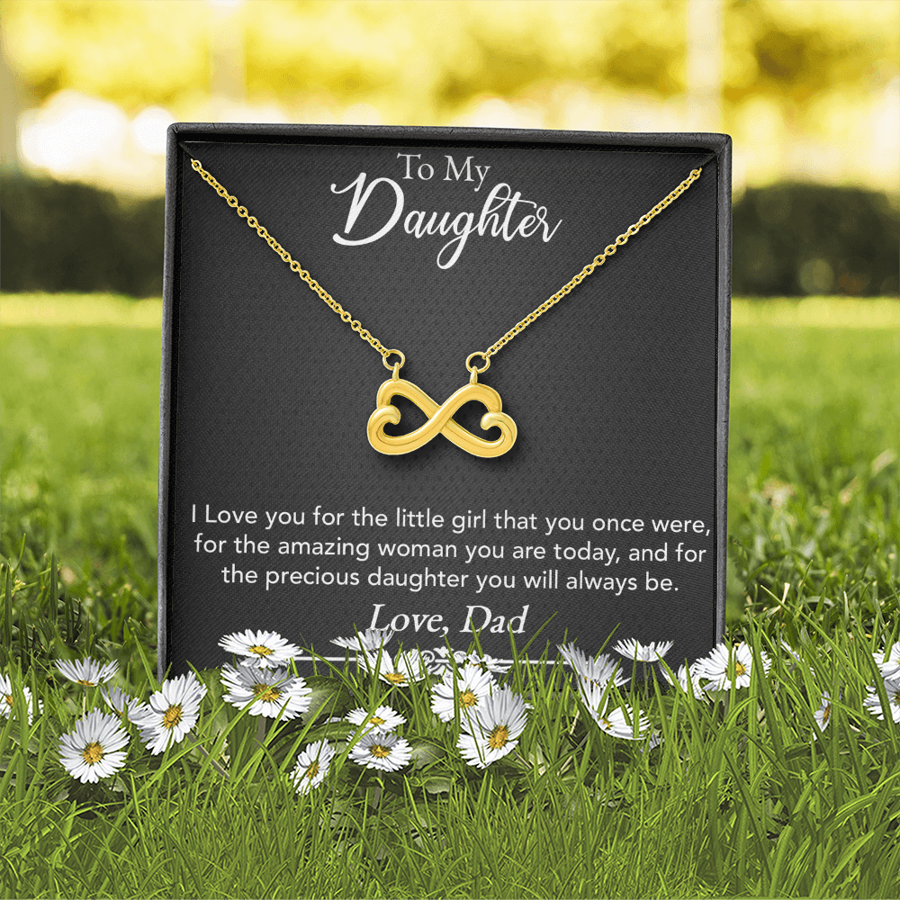 To My Daughter – Endless Love Necklace, 14k White Gold or 18k Yellow Gold, Infinity Heart Pendant Necklace with Adjustable Chain, Perfect Gift from Dad