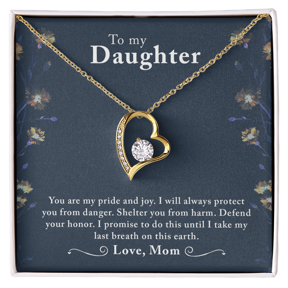 To My Daughter Necklace, Forever Love Heart CZ Pendant, White/Yellow Gold, Gifts from Mom, Birthday Jewelry