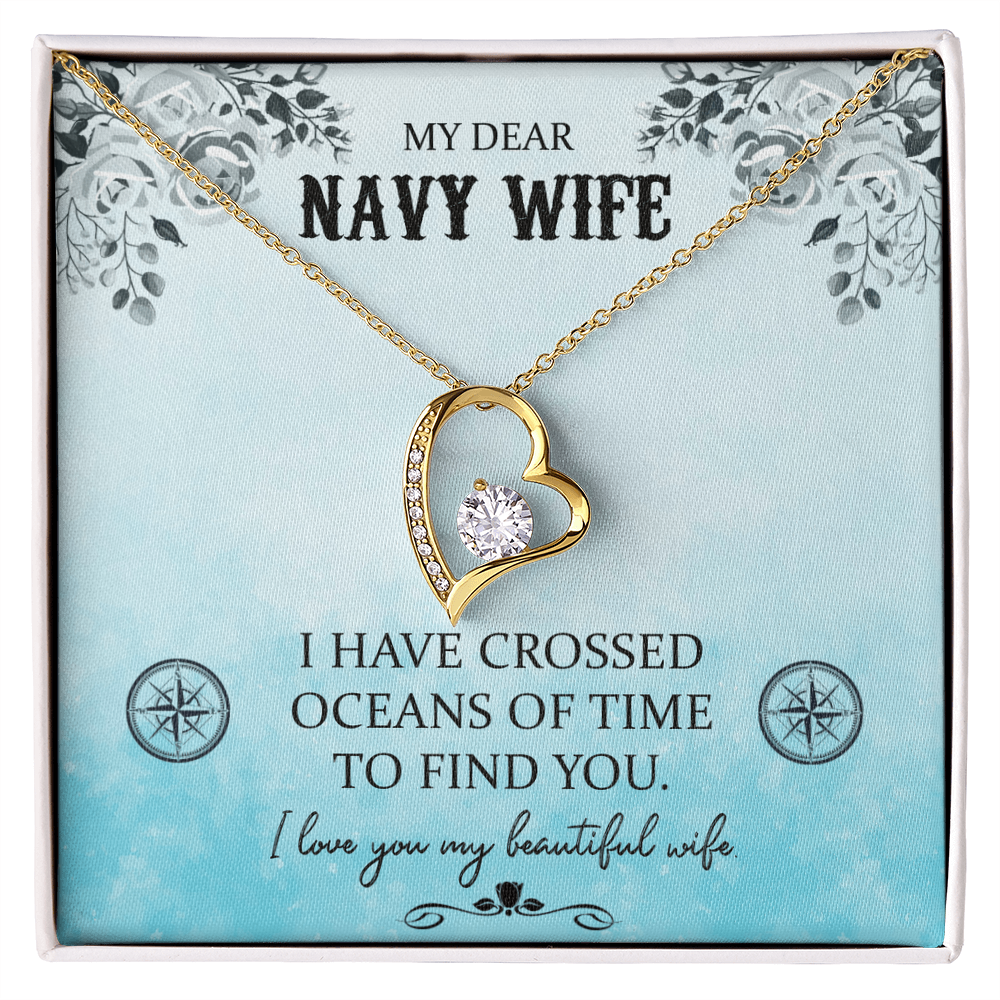 My Dear Navy Wife Forever Love Necklace – 6.5mm CZ Crystal Heart Pendant, Adjustable 18-22" Chain, White or Yellow Gold Finish, Romantic Gift for Wife
