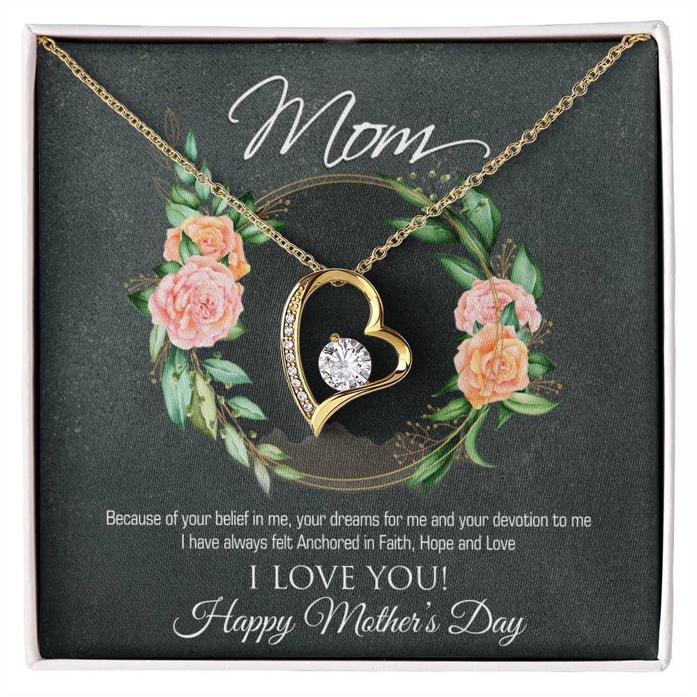 Forever Love Necklace for Mom - 6.5mm CZ Heart Pendant in White Gold or Yellow Gold Finish - Adjustable 18-22" Chain - Mother's Day Gift