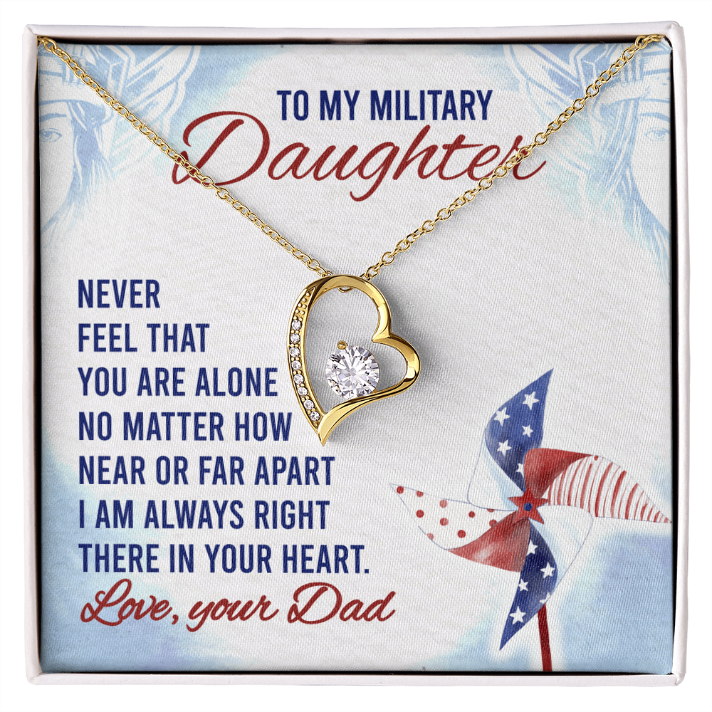To My Military Daughter Forever Love Necklace – 14k White or 18k Yellow Gold, Cubic Zirconia Heart Pendant with Adjustable Chain – Perfect Gift from Dad, Military Daughter Gift
