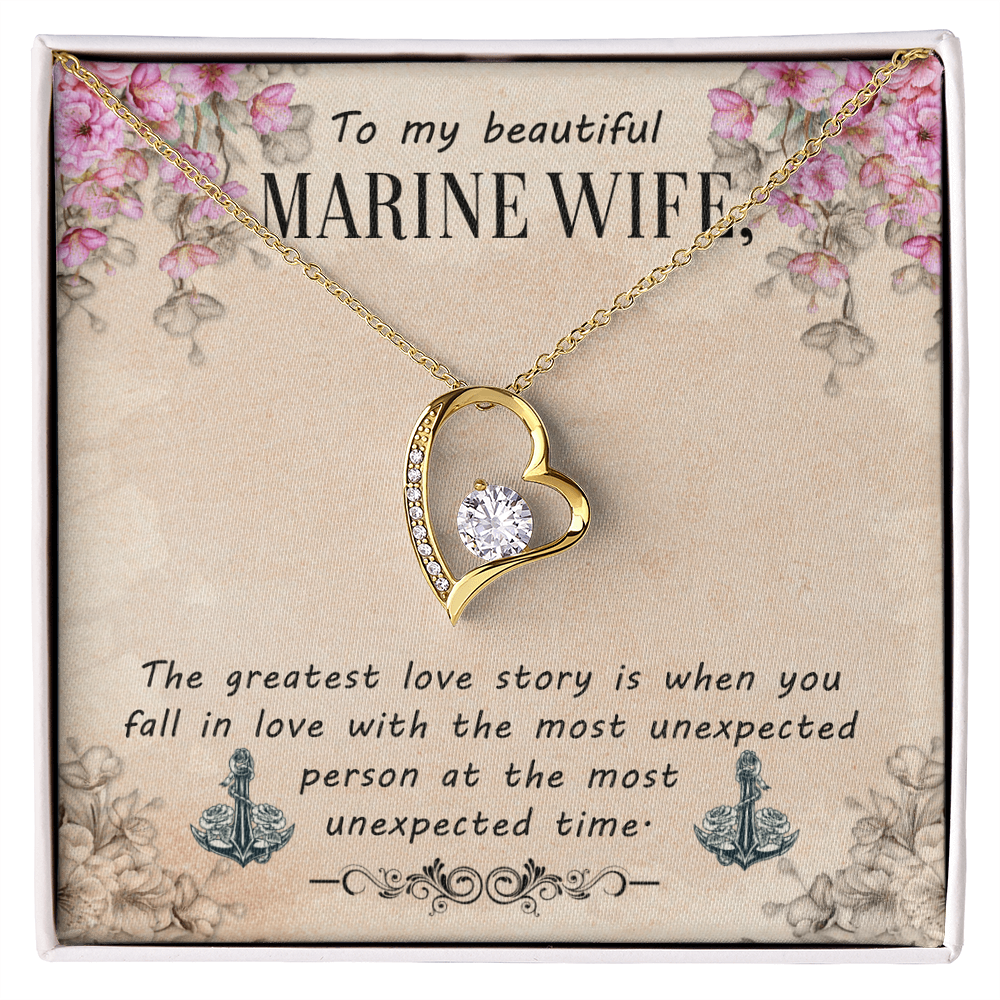 To My Beautiful Marine Wife - Forever Love Necklace with CZ Crystal - White or Yellow Gold - Adjustable Chain - Gift for Wife - Perfect Anniversary or Birthday Gift