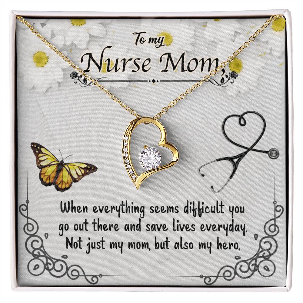 To My Nurse Mom – Forever Love Necklace with CZ Crystal Pendant, Inspirational Gift for Nurses, Hero Mom Jewelry, 14K White or Yellow Gold