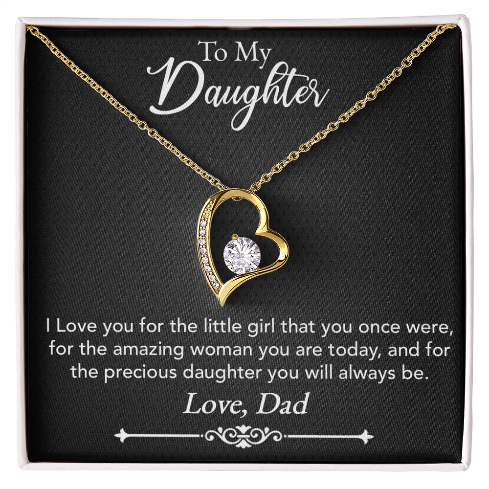To My Daughter Necklace from Dad – Forever Love Heart Pendant with CZ Crystal, White or Yellow Gold Finish Gift for Her