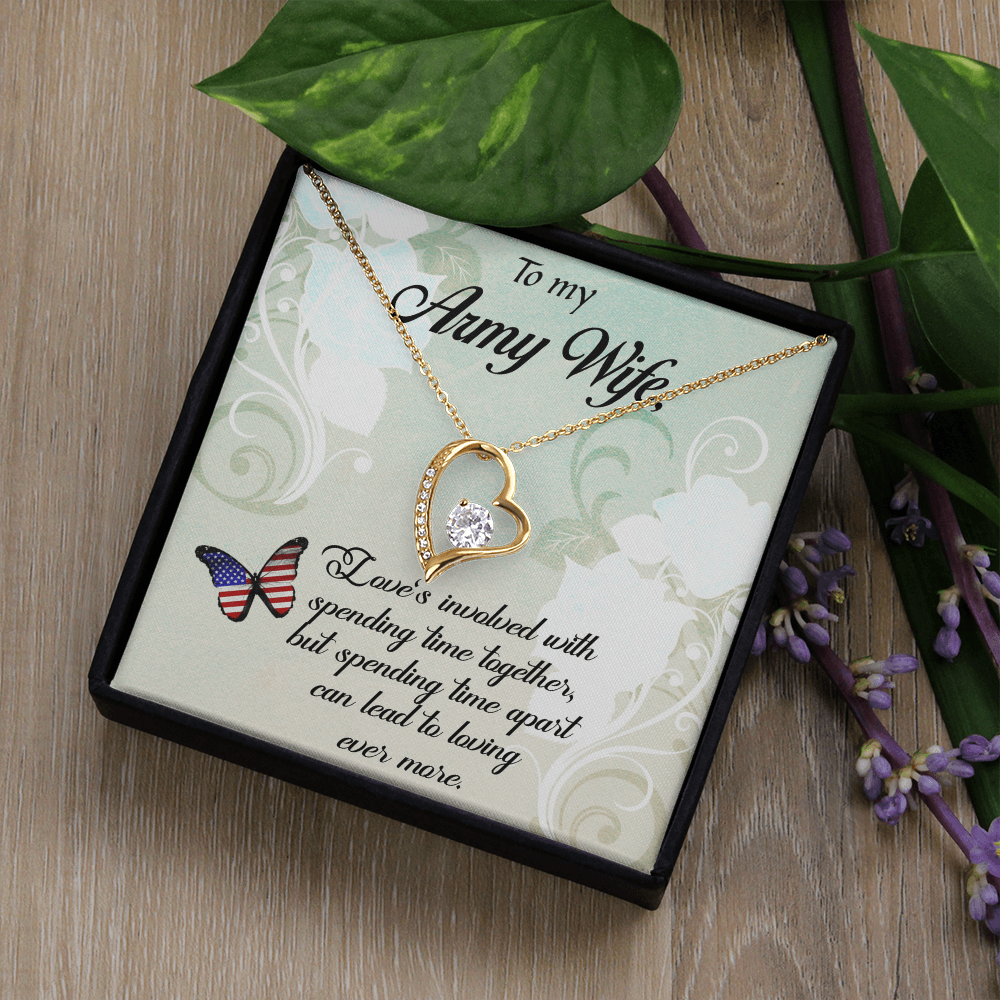 Forever Love Necklace for Army Wife – Heart CZ Pendant, White or Yellow Gold Finish, Romantic Gift for Her