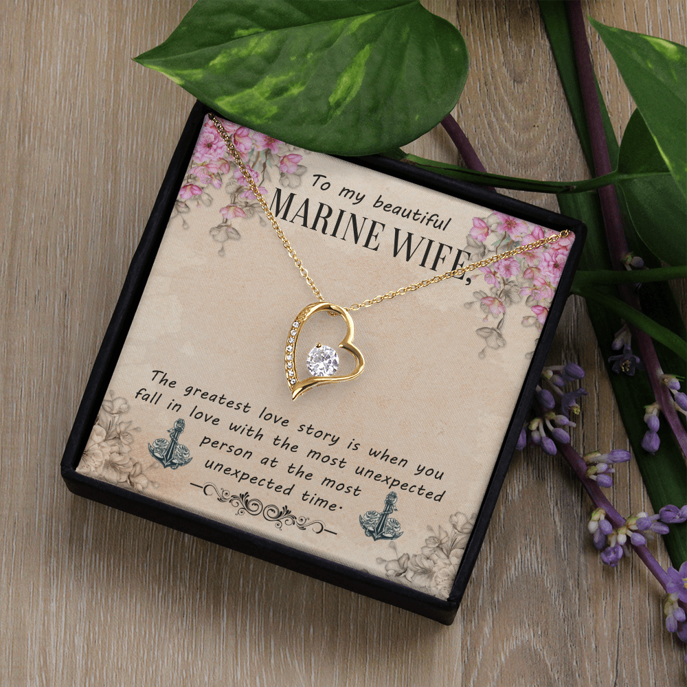 To My Beautiful Marine Wife - Forever Love Necklace with CZ Crystal - White or Yellow Gold - Adjustable Chain - Gift for Wife - Perfect Anniversary or Birthday Gift