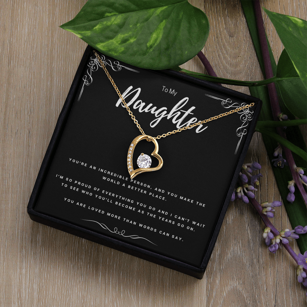 To My Daughter Necklace – Forever Love Heart Pendant with CZ Stone, Meaningful Gift from Mom or Dad
