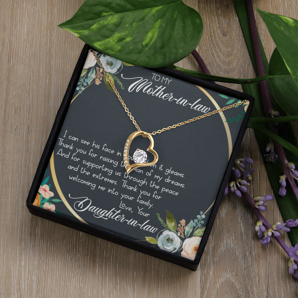 To My Mother-in-Law Forever Love Necklace - Heart Pendant with CZ Stone, Gift from Daughter-in-Law - Elegant Jewelry Gift Box Included