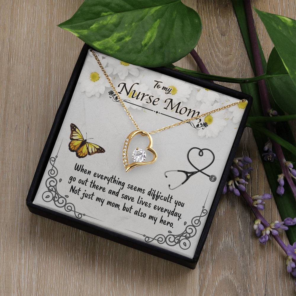 To My Nurse Mom – Forever Love Necklace with CZ Crystal Pendant, Inspirational Gift for Nurses, Hero Mom Jewelry, 14K White or Yellow Gold