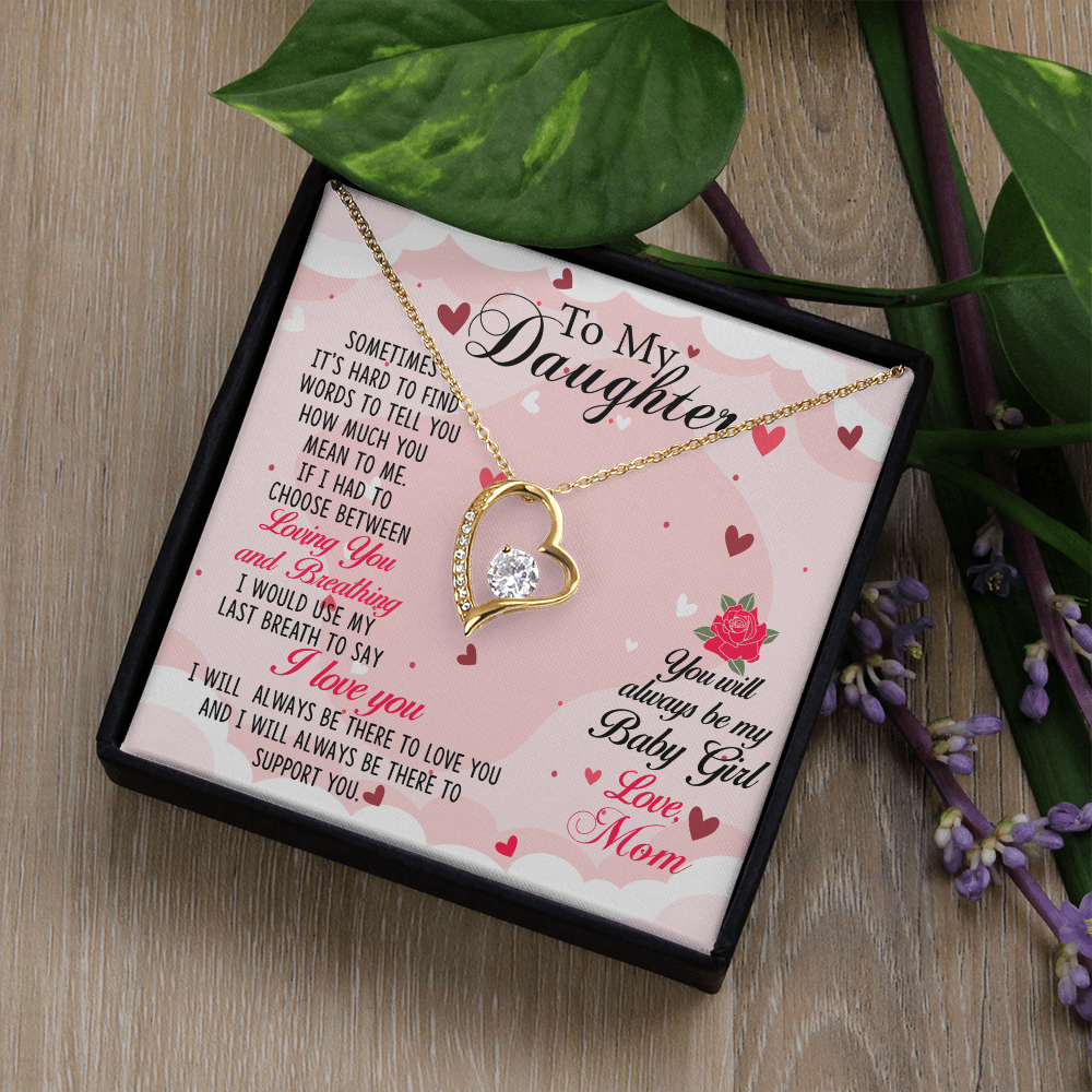 Baby Girl Forever Love Necklace for Daughter - 6.5mm CZ Heart Pendant, Adjustable Chain, 14k White Gold or 18k Yellow Gold, Sentimental Gift for Daughter, Love and Support Jewelry
