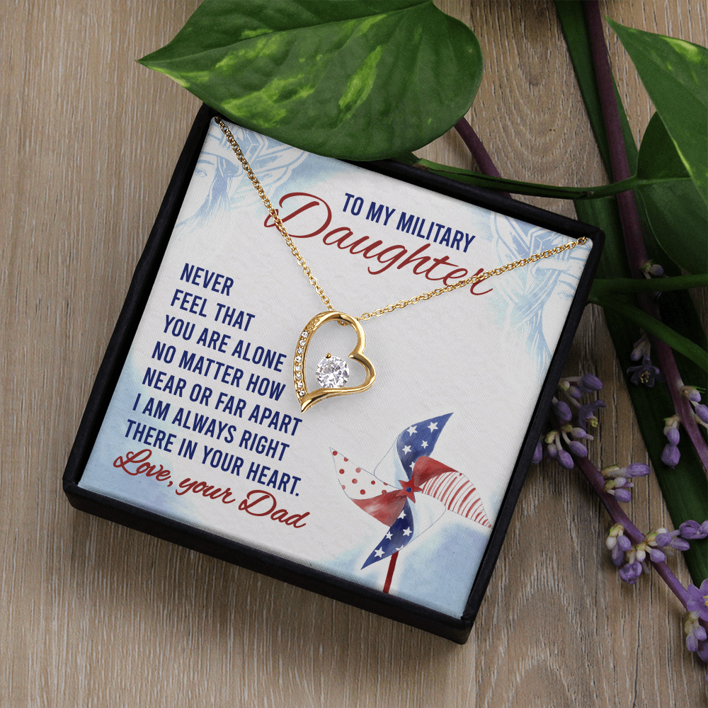 To My Military Daughter Forever Love Necklace – 14k White or 18k Yellow Gold, Cubic Zirconia Heart Pendant with Adjustable Chain – Perfect Gift from Dad, Military Daughter Gift