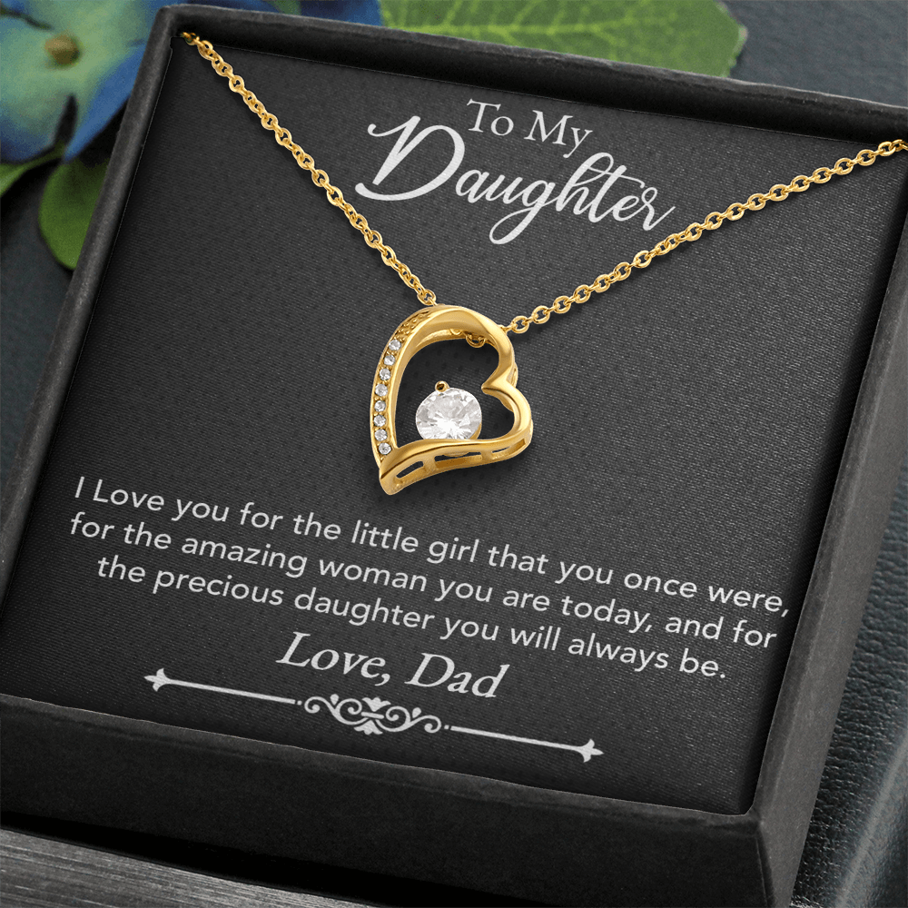 To My Daughter Necklace from Dad – Forever Love Heart Pendant with CZ Crystal, White or Yellow Gold Finish Gift for Her
