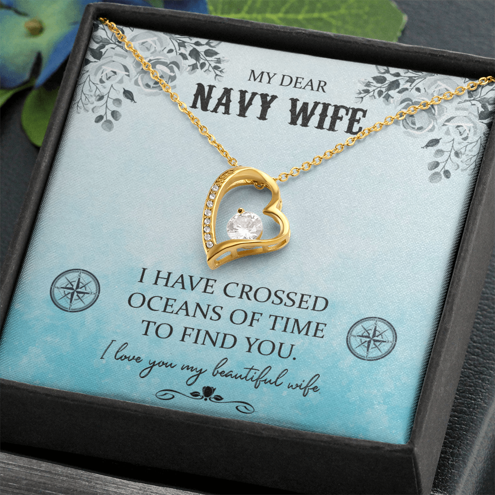 My Dear Navy Wife Forever Love Necklace – 6.5mm CZ Crystal Heart Pendant, Adjustable 18-22" Chain, White or Yellow Gold Finish, Romantic Gift for Wife