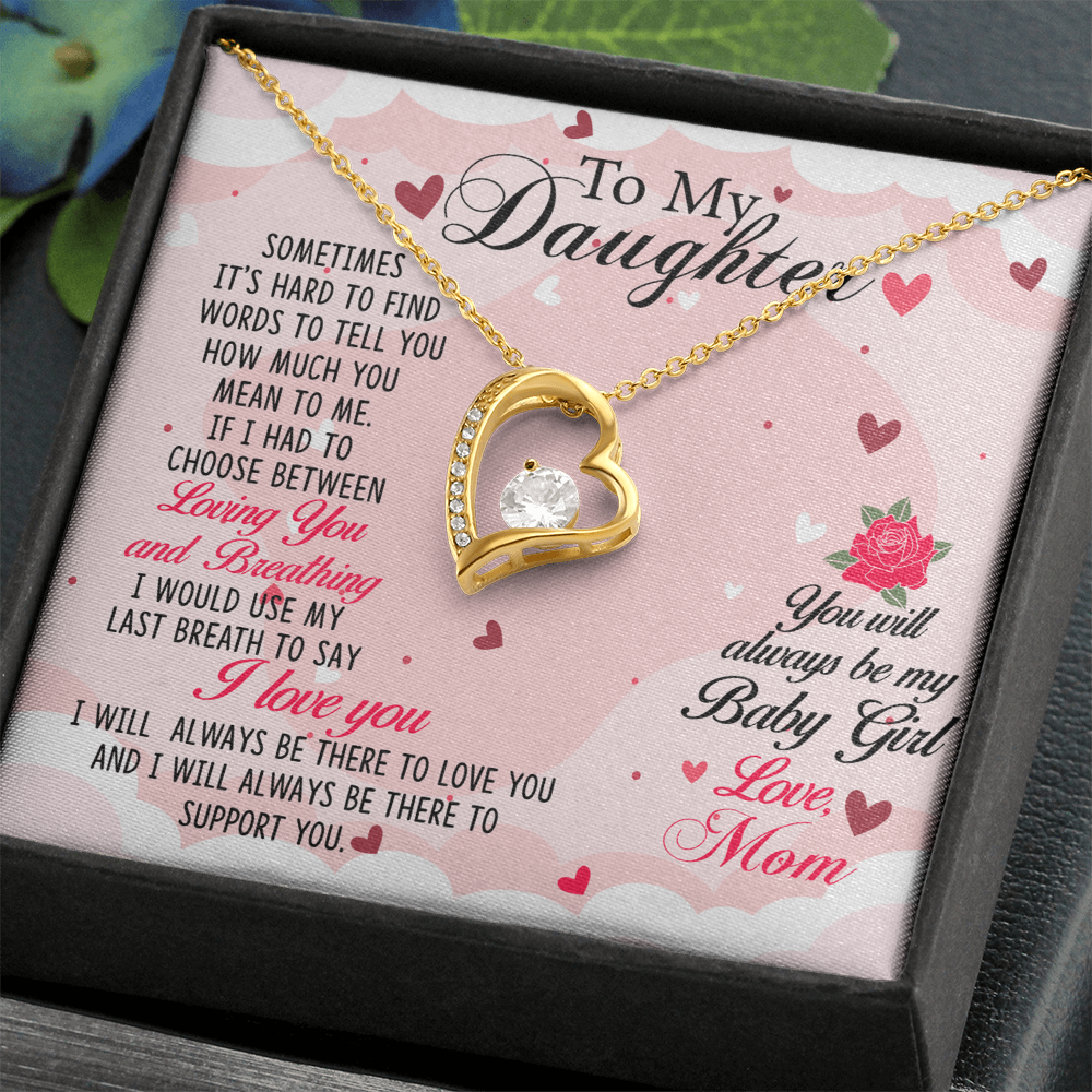 Baby Girl Forever Love Necklace for Daughter - 6.5mm CZ Heart Pendant, Adjustable Chain, 14k White Gold or 18k Yellow Gold, Sentimental Gift for Daughter, Love and Support Jewelry