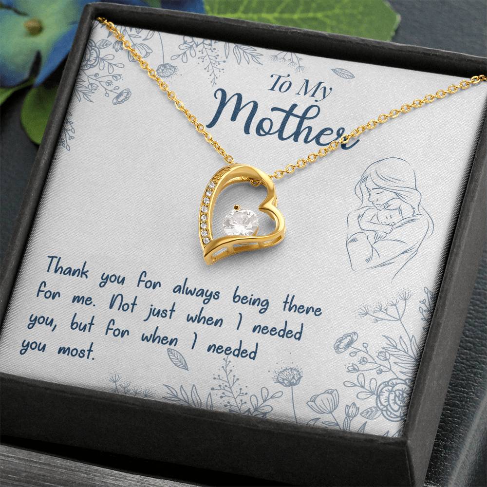 To My Mother Forever Love Necklace – Heart Pendant with Cubic Zirconia, 14K White or 18K Yellow Gold Finish – Inspirational Gift for Mom