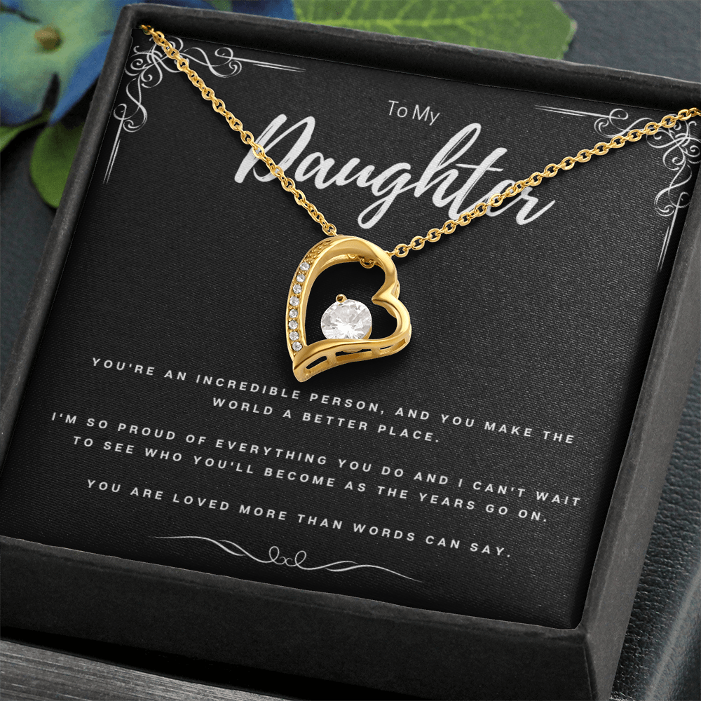 To My Daughter Necklace – Forever Love Heart Pendant with CZ Stone, Meaningful Gift from Mom or Dad