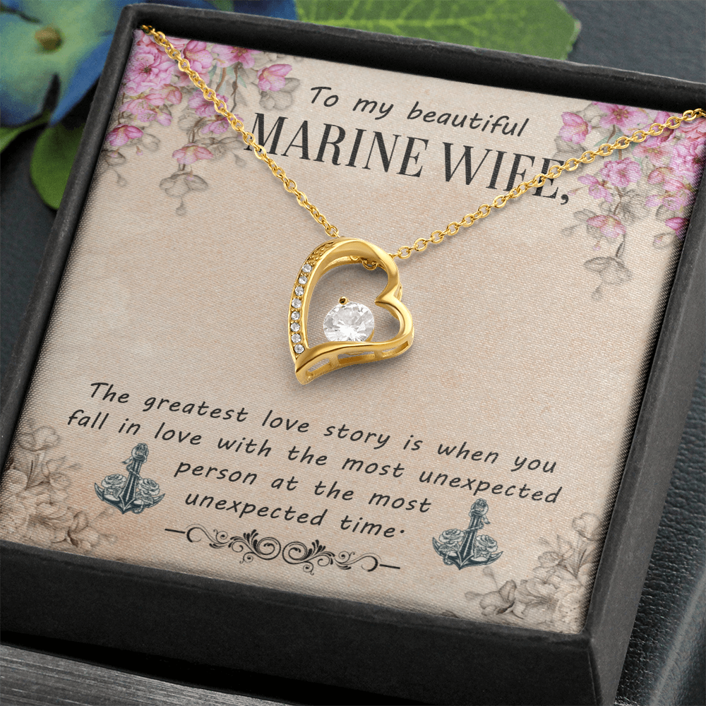 To My Beautiful Marine Wife - Forever Love Necklace with CZ Crystal - White or Yellow Gold - Adjustable Chain - Gift for Wife - Perfect Anniversary or Birthday Gift