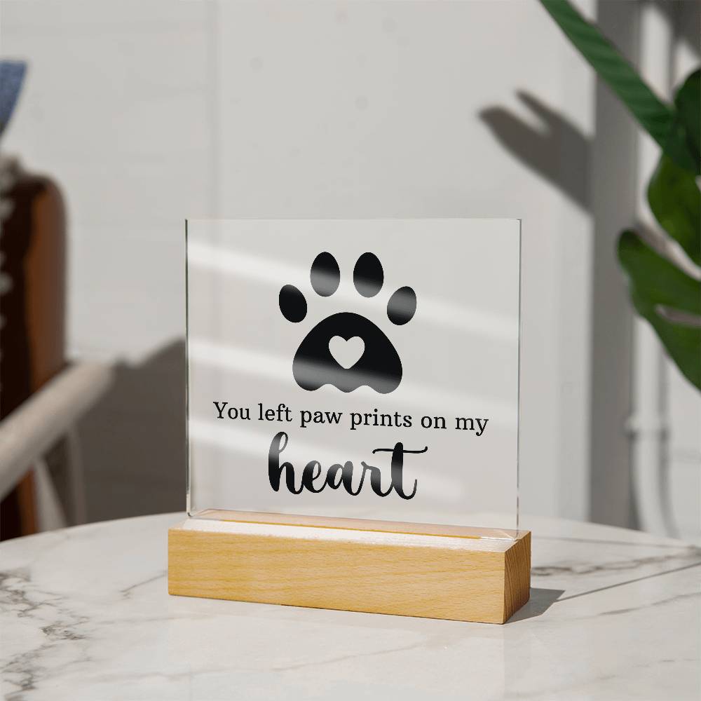 Pet Memorial Gift for Dog Mom – Paw Print Heart Acrylic LED Plaque Night Light with Wooden Base