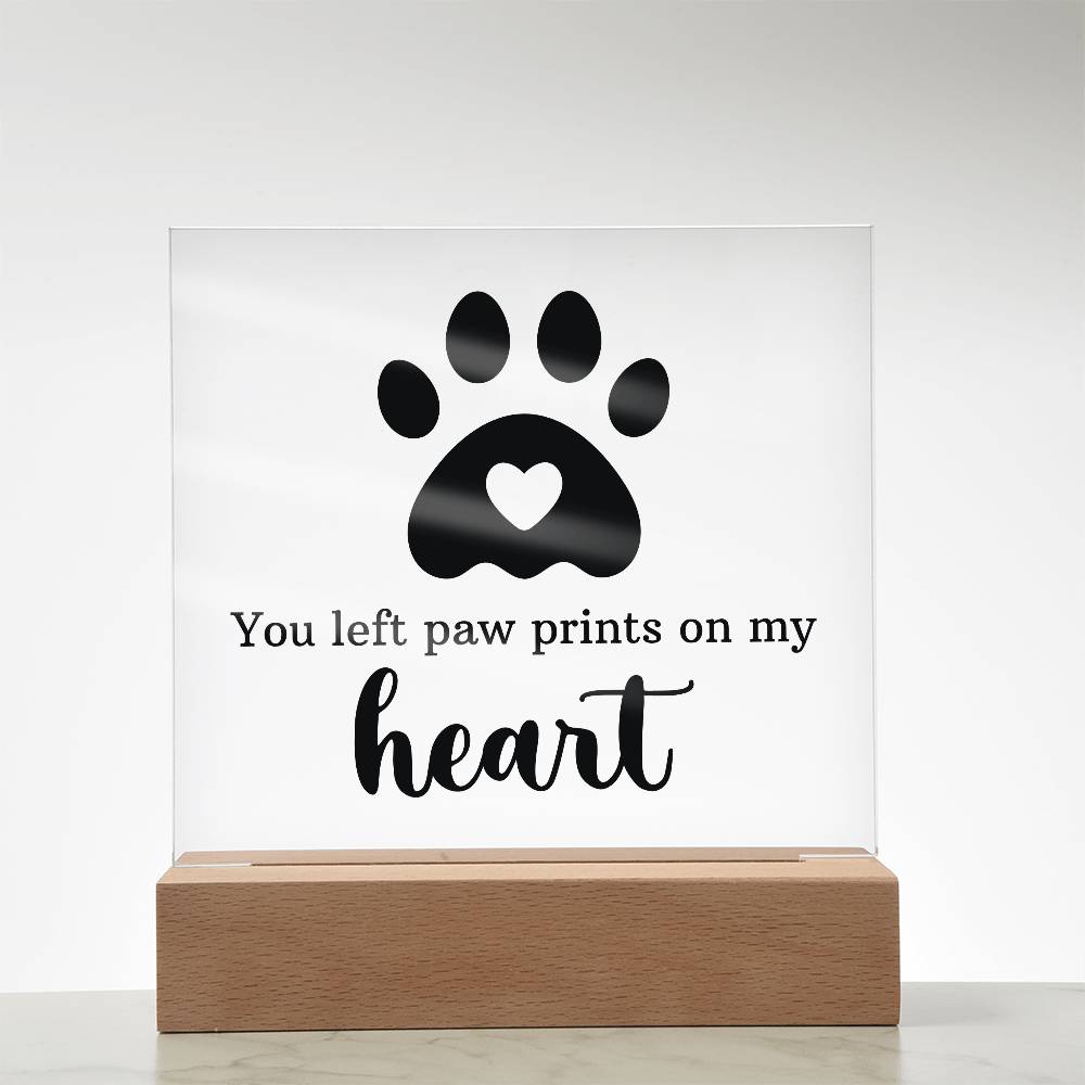 Pet Memorial Gift for Dog Mom – Paw Print Heart Acrylic LED Plaque Night Light with Wooden Base