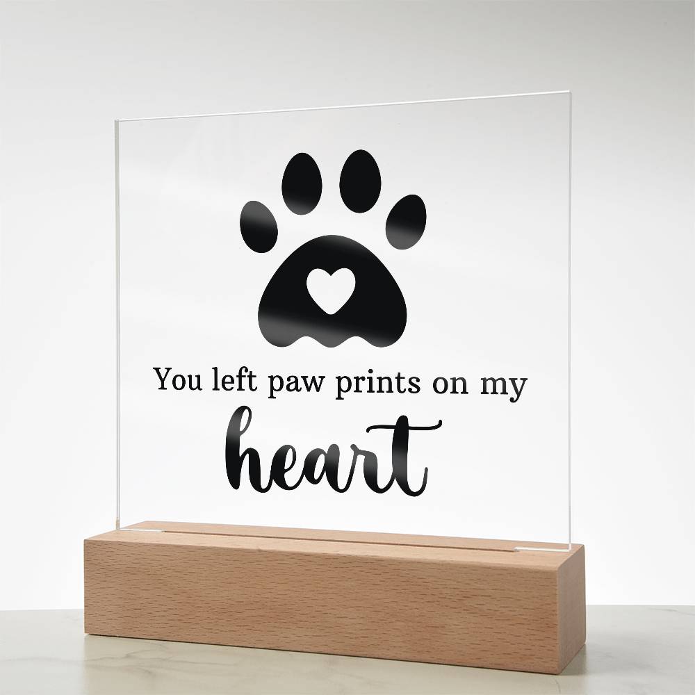 Pet Memorial Gift for Dog Mom – Paw Print Heart Acrylic LED Plaque Night Light with Wooden Base