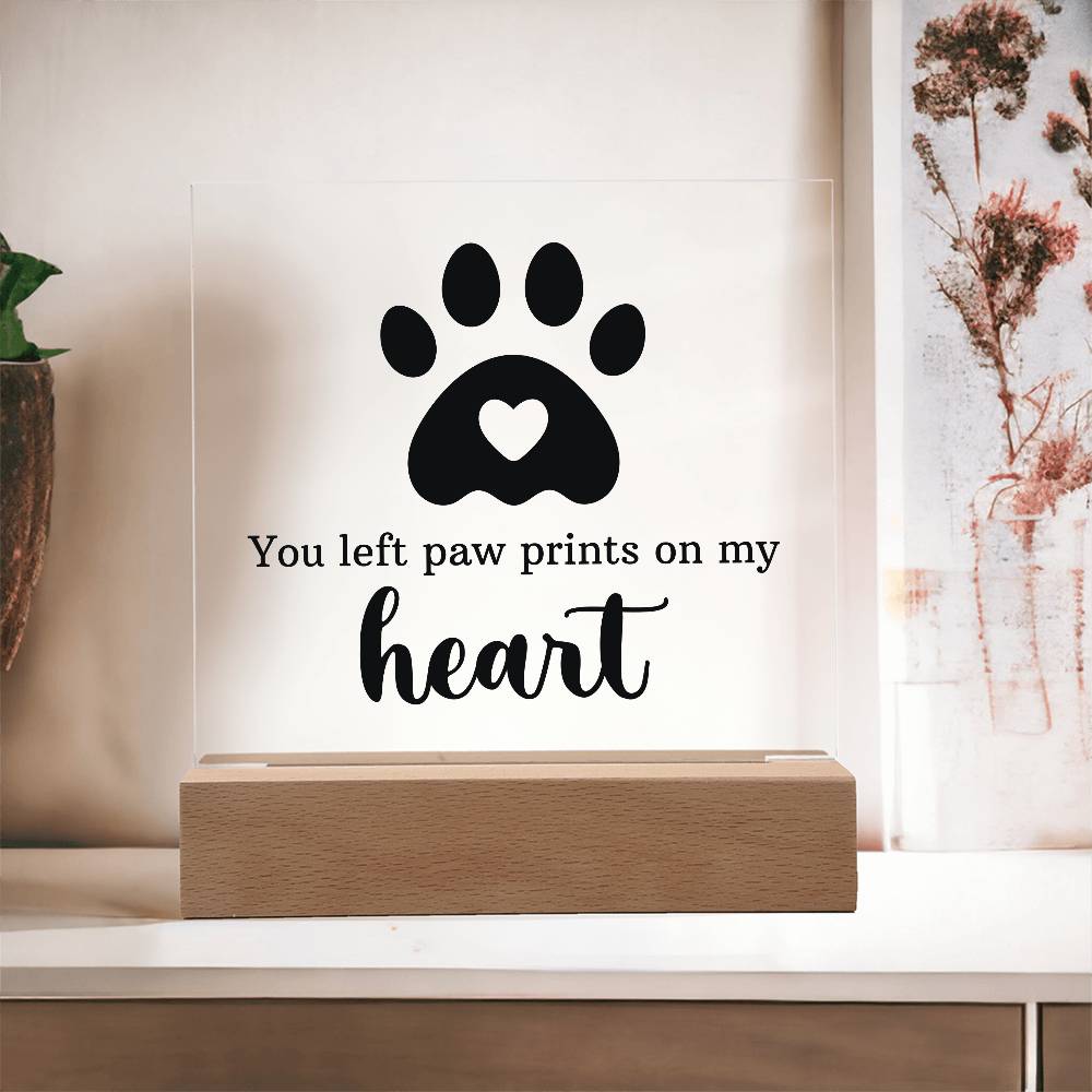 Pet Memorial Gift for Dog Mom – Paw Print Heart Acrylic LED Plaque Night Light with Wooden Base