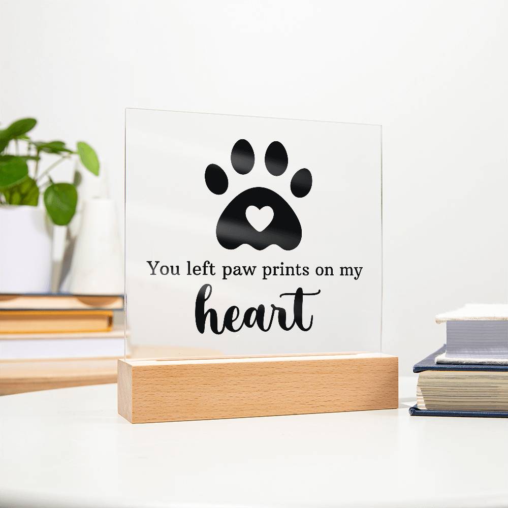 Pet Memorial Gift for Dog Mom – Paw Print Heart Acrylic LED Plaque Night Light with Wooden Base