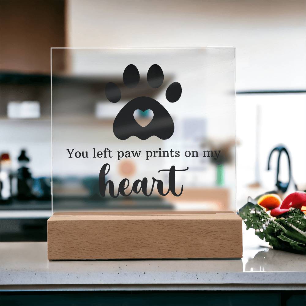 Pet Memorial Gift for Dog Mom – Paw Print Heart Acrylic LED Plaque Night Light with Wooden Base