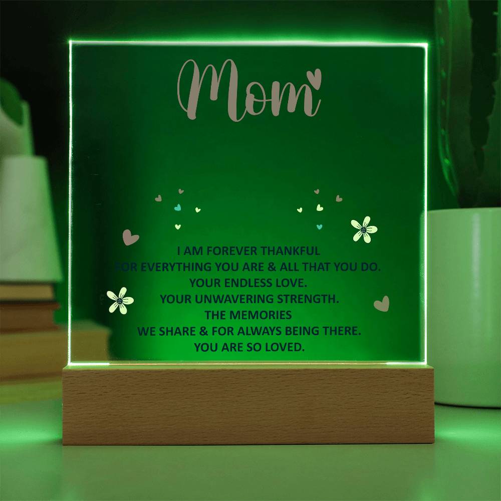 Mom LED Acrylic Plaque with Wooden Base – Thankful Quote Night Light Gift for Mother Birthday
