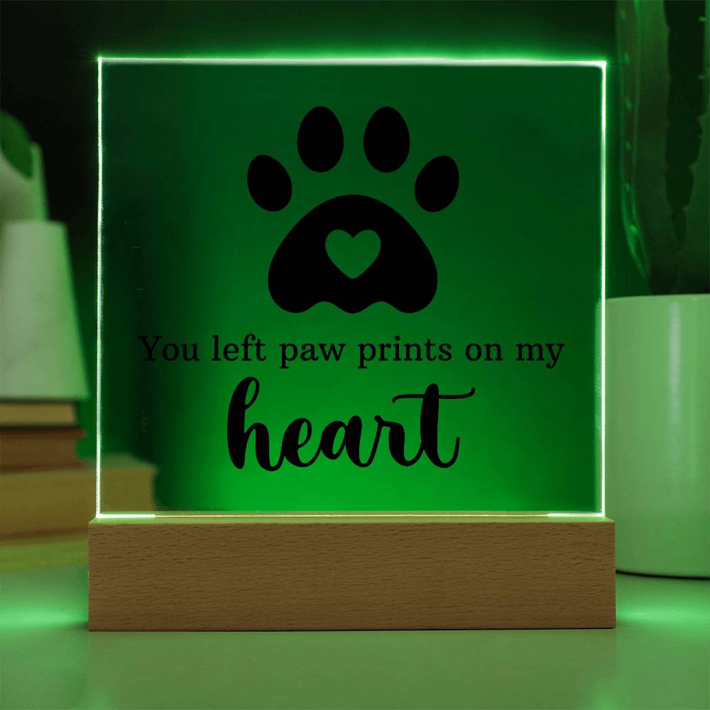 Pet Memorial Gift for Dog Mom – Paw Print Heart Acrylic LED Plaque Night Light with Wooden Base
