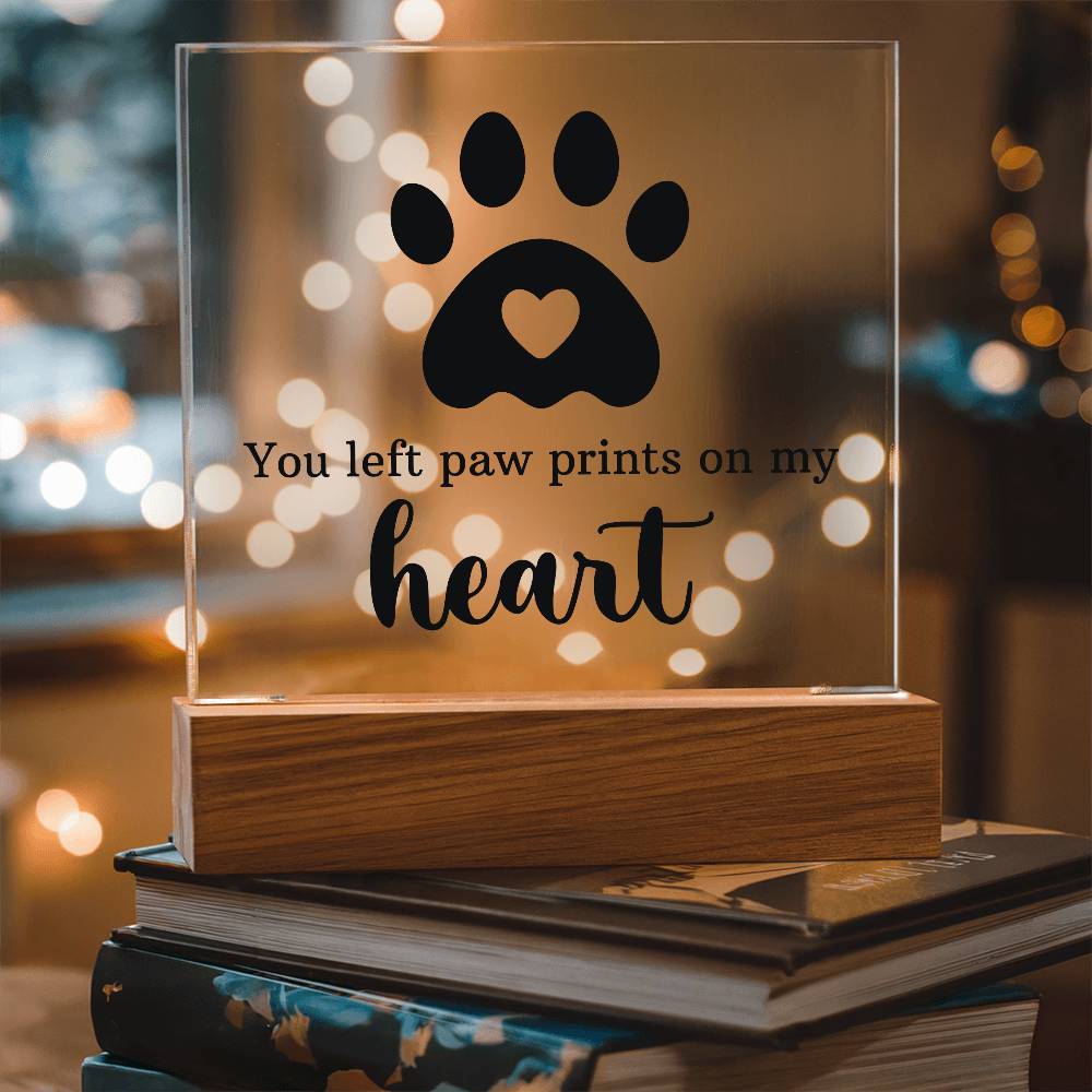 Pet Memorial Gift for Dog Mom – Paw Print Heart Acrylic LED Plaque Night Light with Wooden Base