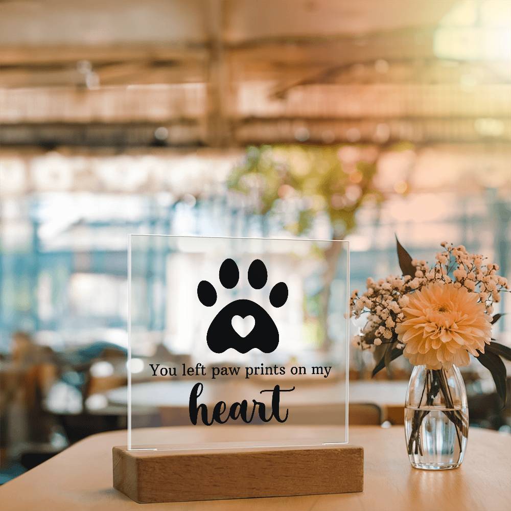 Pet Memorial Gift for Dog Mom – Paw Print Heart Acrylic LED Plaque Night Light with Wooden Base