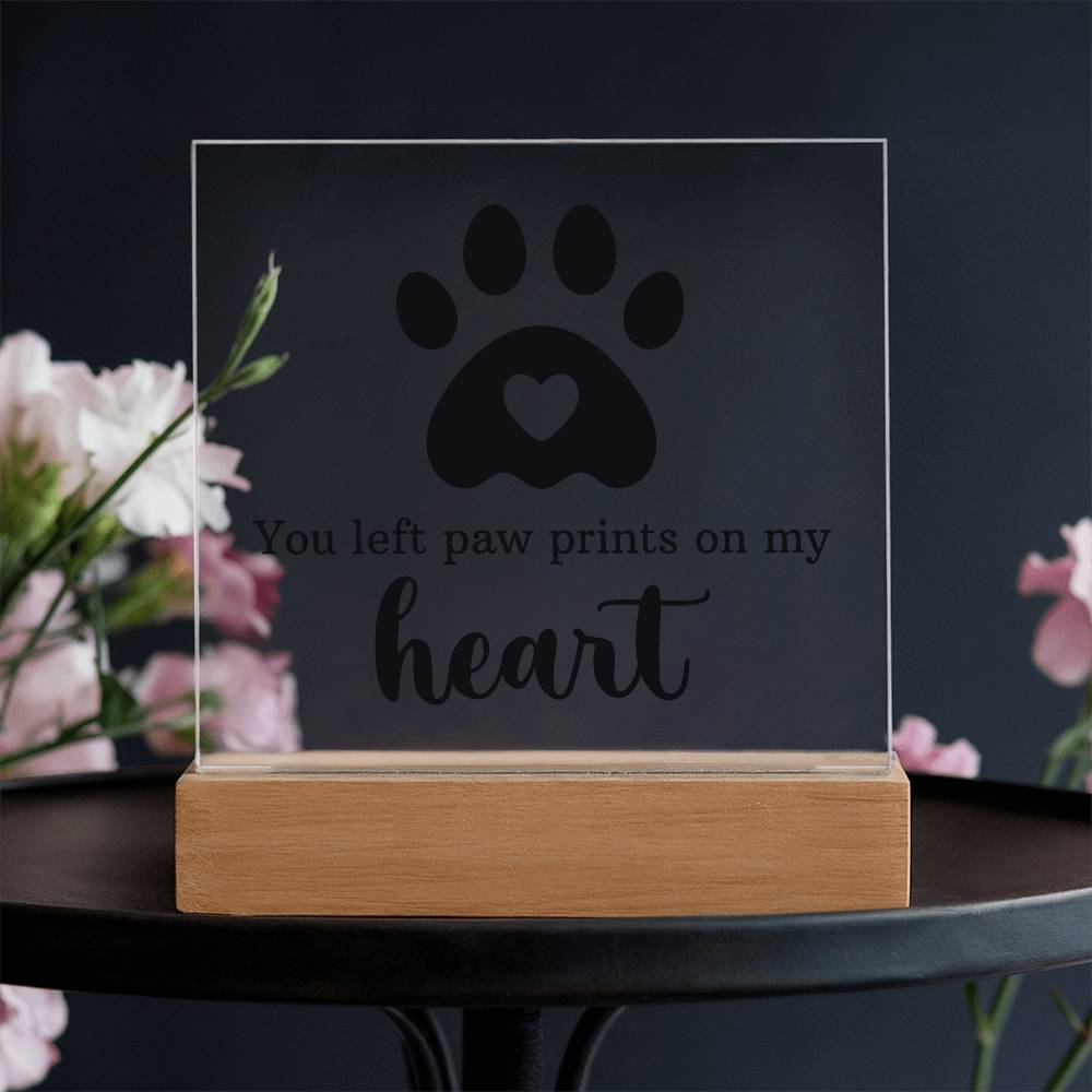Pet Memorial Gift for Dog Mom – Paw Print Heart Acrylic LED Plaque Night Light with Wooden Base