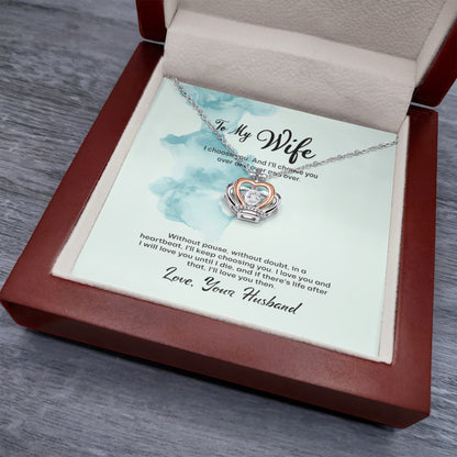 Husband to Wife Gift, Crown Pendant Necklace To My Wife, Wedding Anniversary Gift For Wife, Message Card Jewelry For Wife