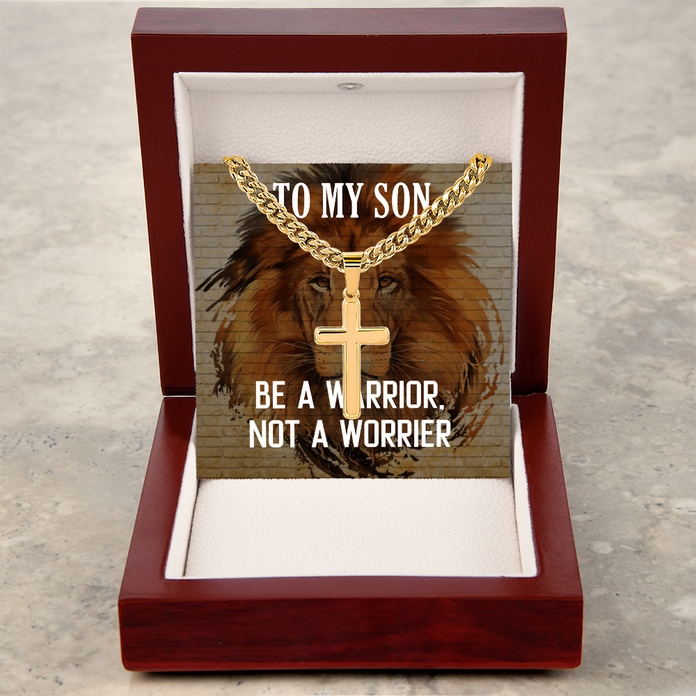 Artisan Cross Necklace with Cuban Link Chain Gift For Son, To My Warrior Son, Father Son Gift, Gift for Son from Mother, Son 21st Birthday, Message Card Necklace by Best Gifts 305