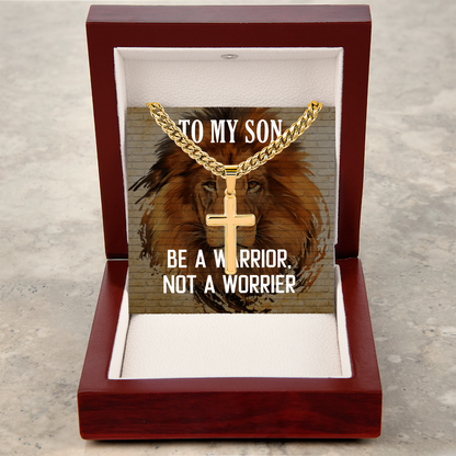 Artisan Cross Necklace with Cuban Link Chain Gift For Son, To My Warrior Son, Father Son Gift, Gift for Son from Mother, Son 21st Birthday, Message Card Necklace by Best Gifts 305