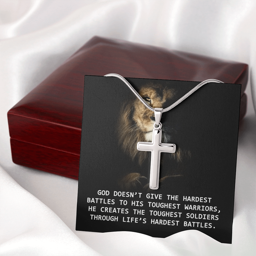 For Him, Gift For Son, Faith Necklace For Him, Artisan Cross Necklace with Snake Chain, Dad's Birthday Gift, God Doesn't Give The Hardest Battles To His Toughest Warrior by Best Gifts 305