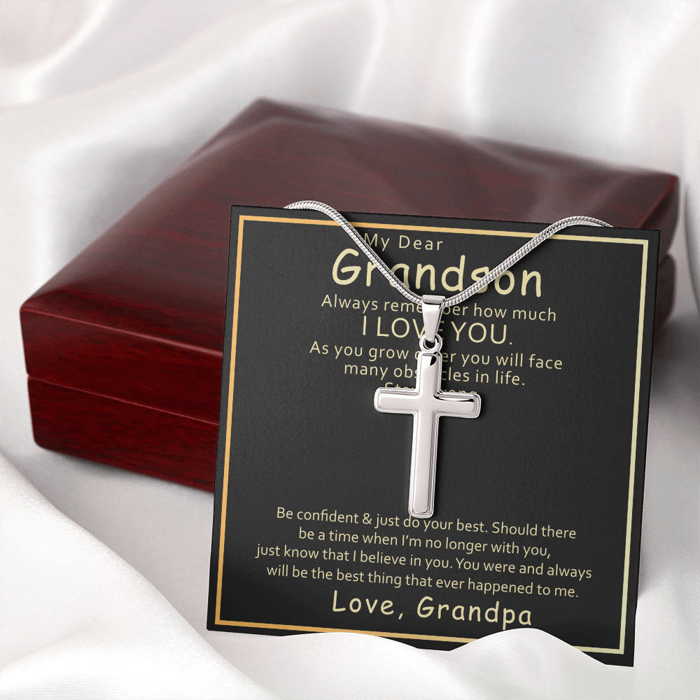 Grandson Cross Necklace Gift from Grandpa – Stainless Steel Faith Pendant with Inspirational Message