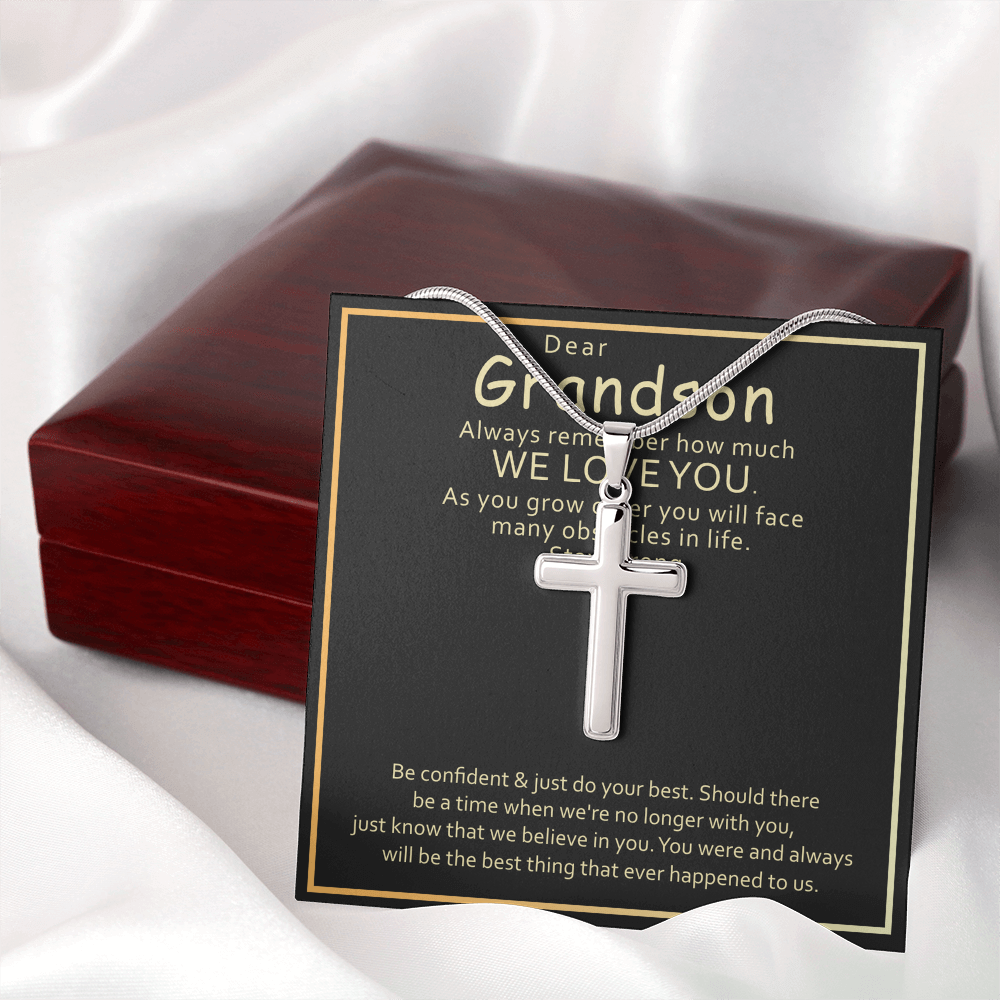 Grandson Cross Necklace Gift – Inspirational Artisan Cross Pendant from Grandparents for Encouragement & Love