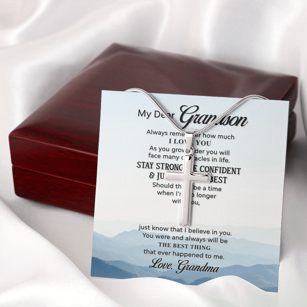 Grandson Cross Necklace Gift from Grandma – Inspirational Message Card & Stainless Steel Artisan Cross