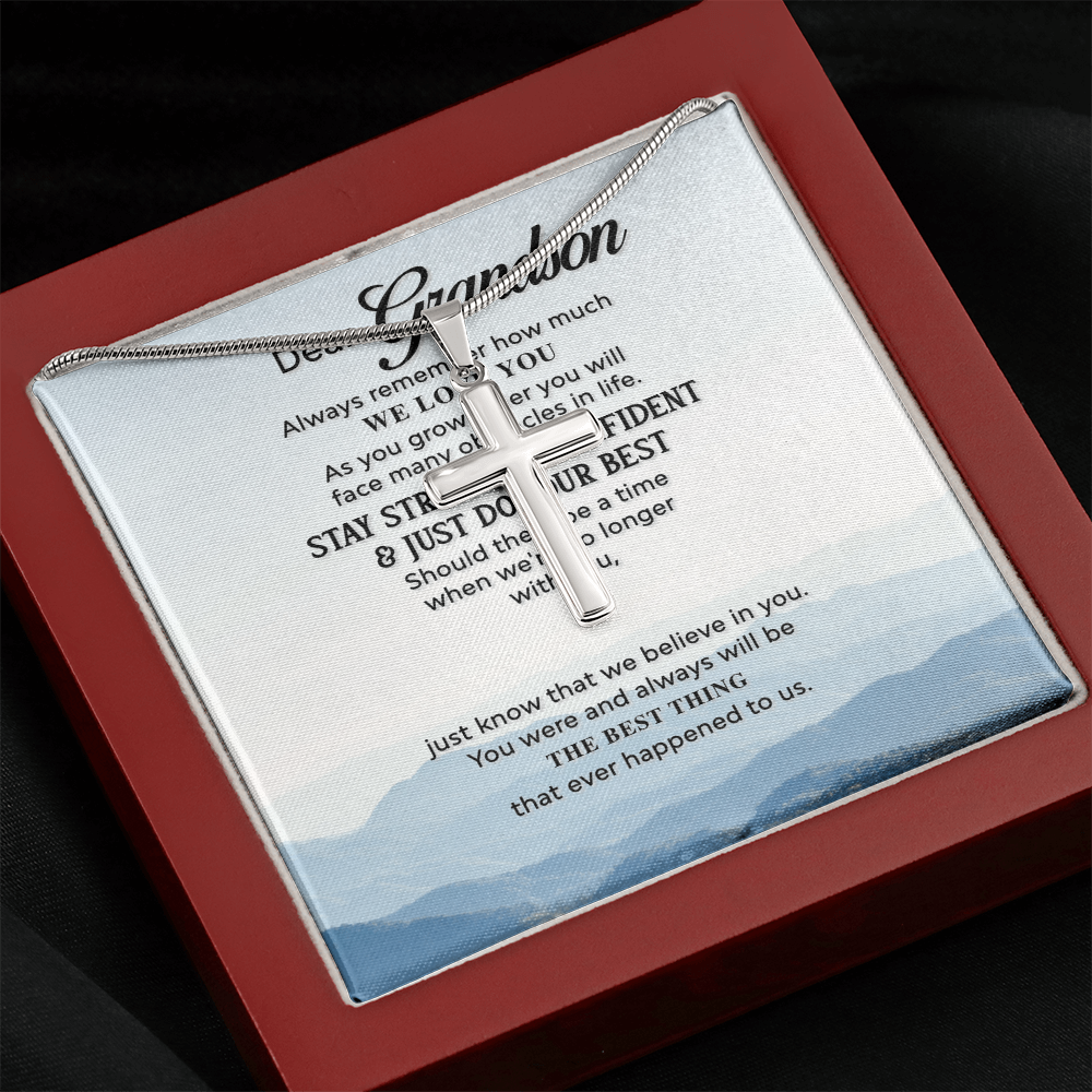 Grandson Cross Necklace Gift from Grandparents – Inspirational Christian Pendant with Love Message Card