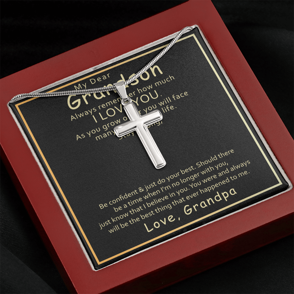 Grandson Cross Necklace Gift from Grandpa – Stainless Steel Faith Pendant with Inspirational Message