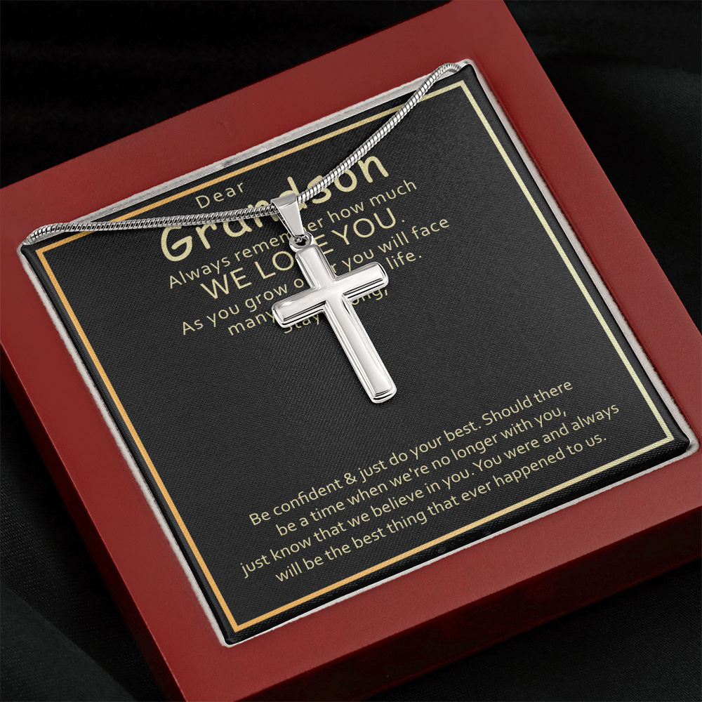 Grandson Cross Necklace Gift – Inspirational Artisan Cross Pendant from Grandparents for Encouragement & Love