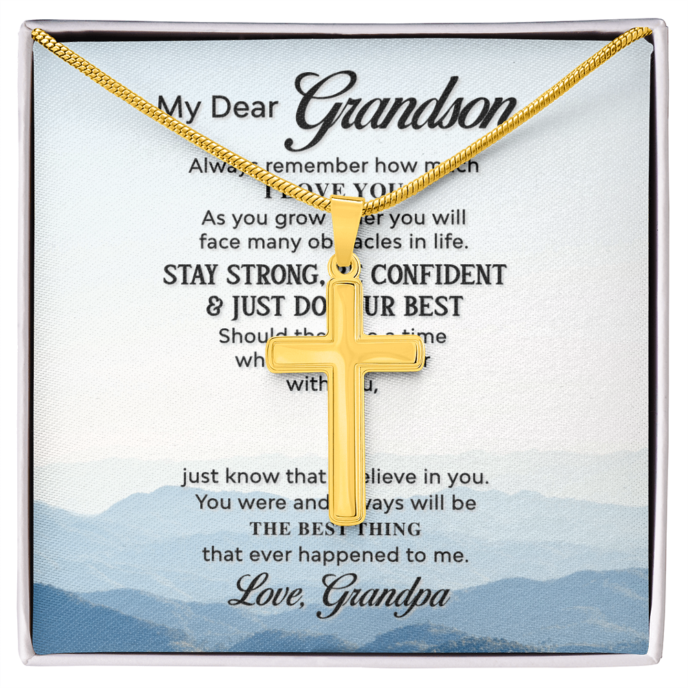 Grandson Cross Necklace Gift from Grandpa – Inspirational Christian Pendant with Full Quote