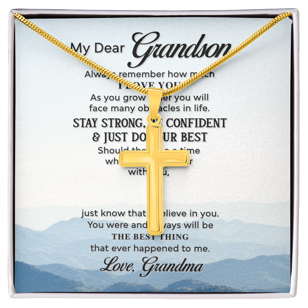 Grandson Cross Necklace Gift from Grandma – Inspirational Message Card & Stainless Steel Artisan Cross