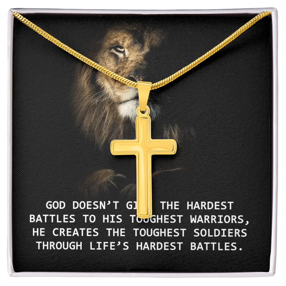 For Him, Gift For Son, Faith Necklace For Him, Artisan Cross Necklace with Snake Chain, Dad's Birthday Gift, God Doesn't Give The Hardest Battles To His Toughest Warrior by Best Gifts 305