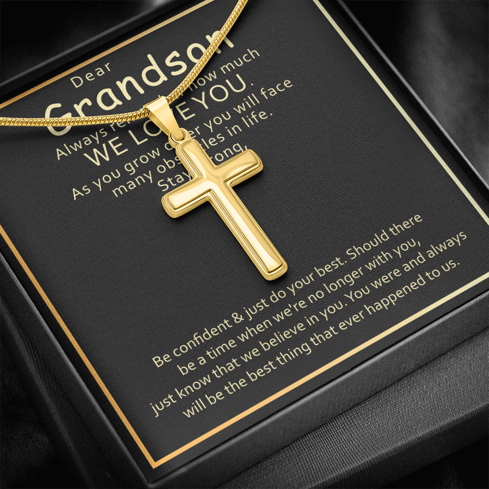 Grandson Cross Necklace Gift – Inspirational Artisan Cross Pendant from Grandparents for Encouragement & Love