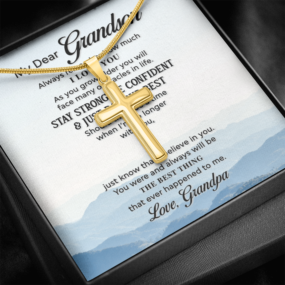 Grandson Cross Necklace Gift from Grandpa – Inspirational Christian Pendant with Full Quote