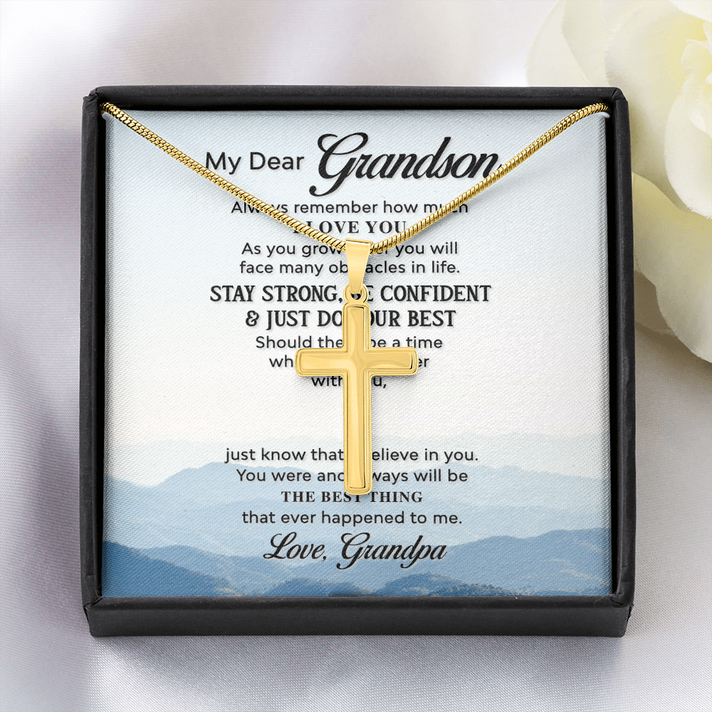 Grandson Cross Necklace Gift from Grandpa – Inspirational Christian Pendant with Full Quote