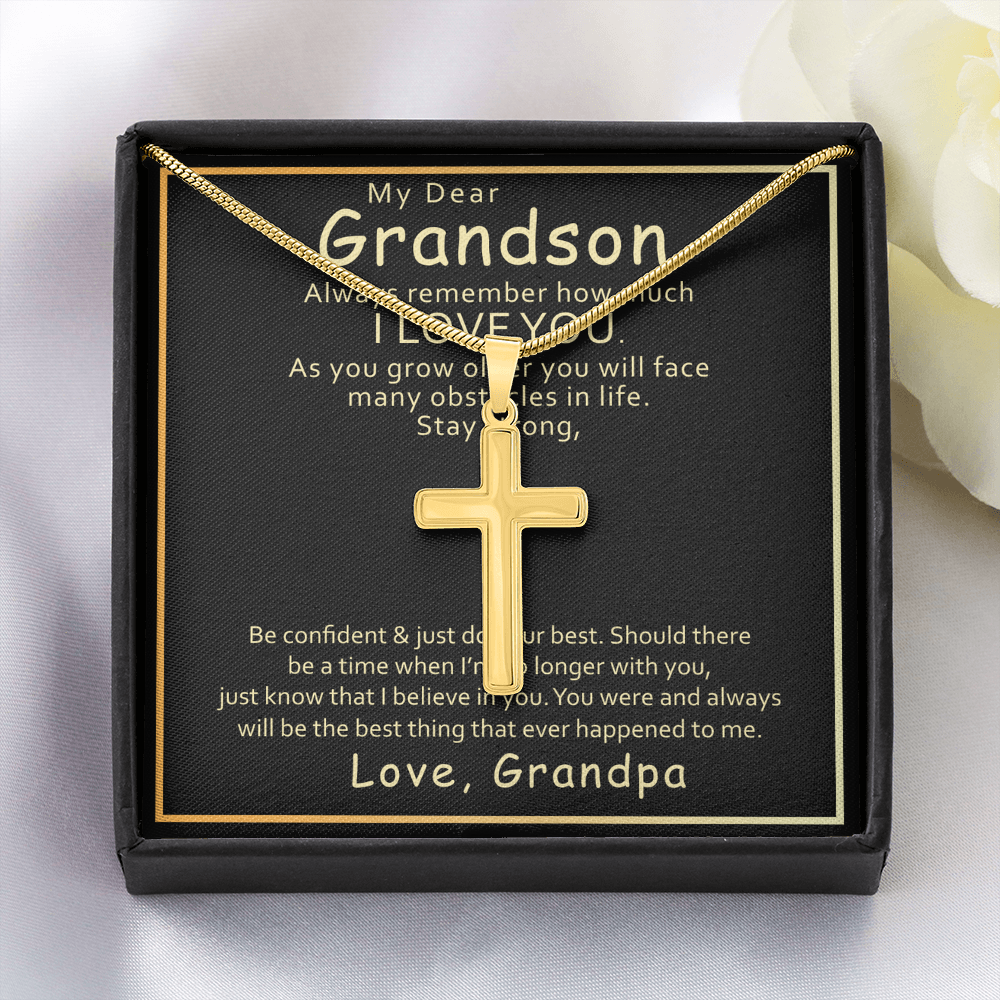Grandson Cross Necklace Gift from Grandpa – Stainless Steel Faith Pendant with Inspirational Message